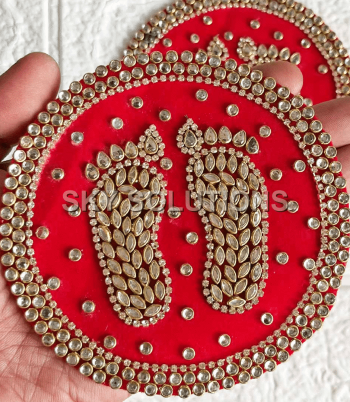Big Size Round Red Lakshmi Ji Charan Rhinestone Patch For Toran, Door Entrances and Home Decor